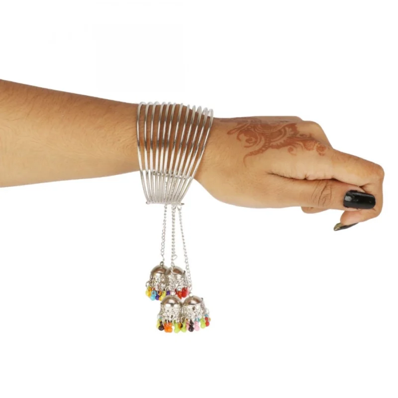 Generic Stylish Oxidized Silver Bangle Bracelet With Hanging Jhumki (Color: Silver) - Image 2