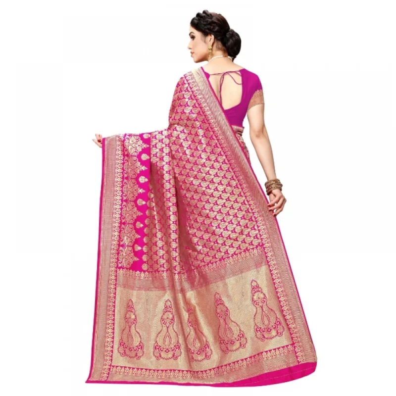 Generic Women's Jacquard Silk Kanjivaram Jacquard Silk Saree With Blouse (Pink, 5-6 Mtrs) - Image 4