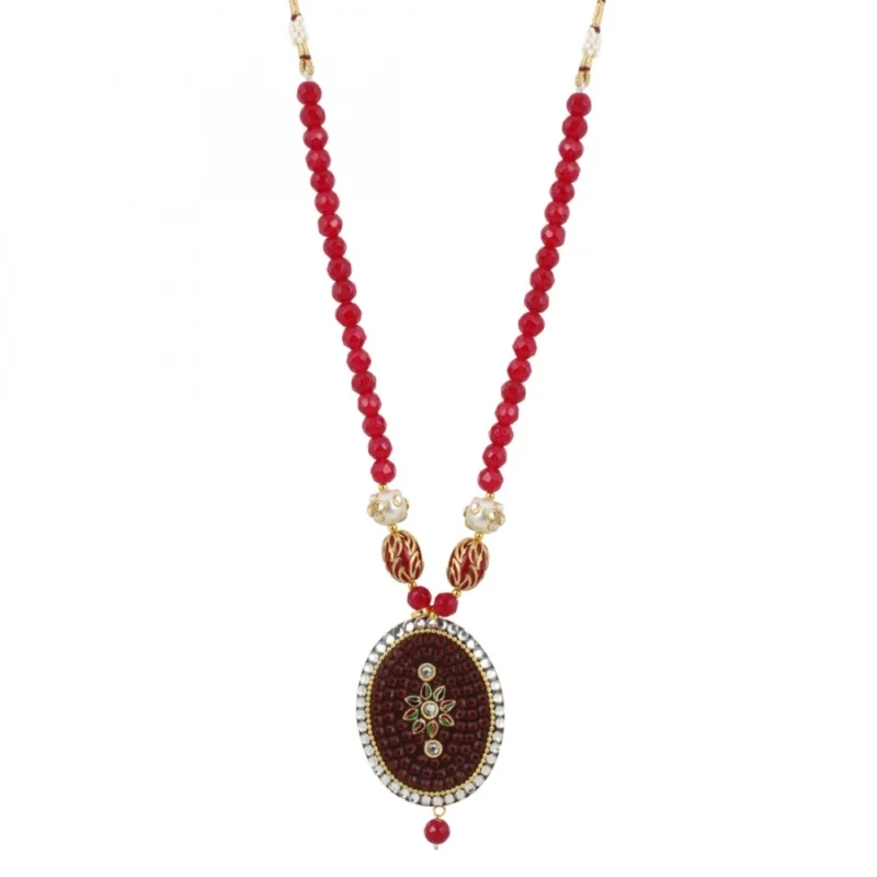 Generic Women's Stylish Maroon Golde Plated Traditional Kundan Necklace Set with Earrings (Color: Red) - Image 3