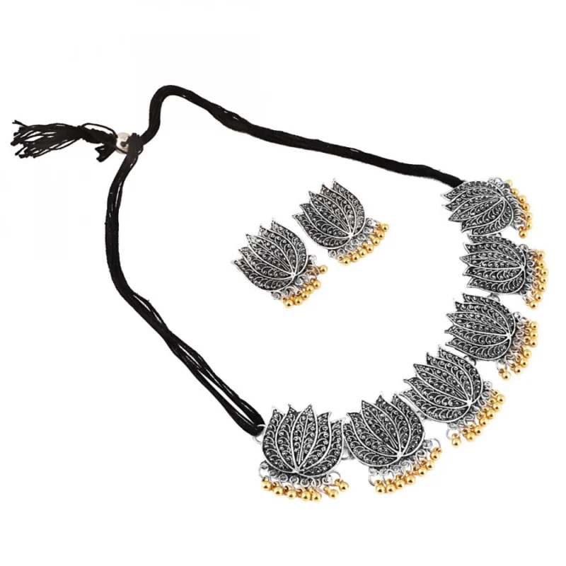 Generic Antique Silver Oxidised Plated Tribal Afghani Necklace With Earrings Set For Women - Image 2