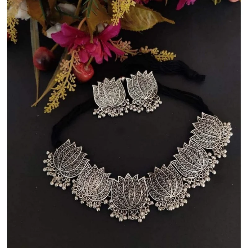 Generic Antique Silver Oxidised Tribal Afghani Necklace With Earrings Set For Women - Image 2