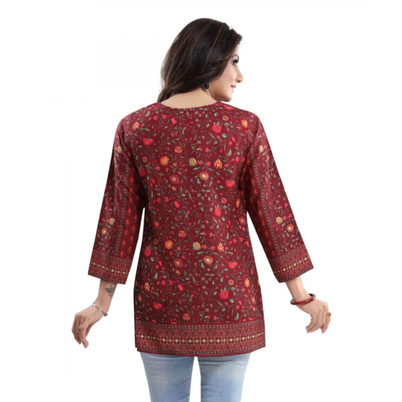 Generic Women's Quarter Sleeve Faux Crepe Printed Short Kurti Tunic Top (Color:Red) - Image 2