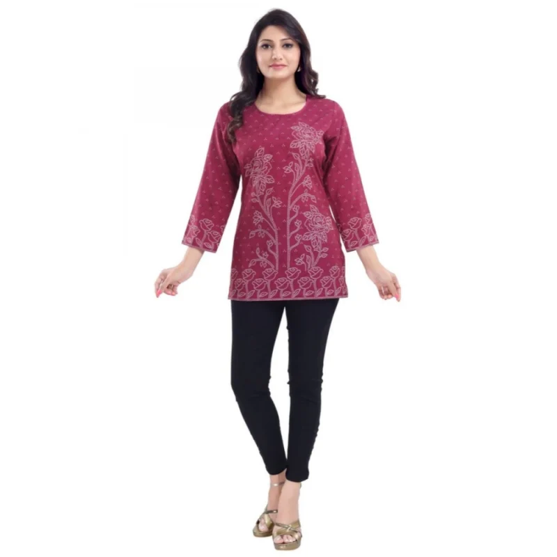 Generic Women's Quarter Sleeve Faux Crepe Printed Short Kurti Tunic Top (Color:Magenta) - Image 5