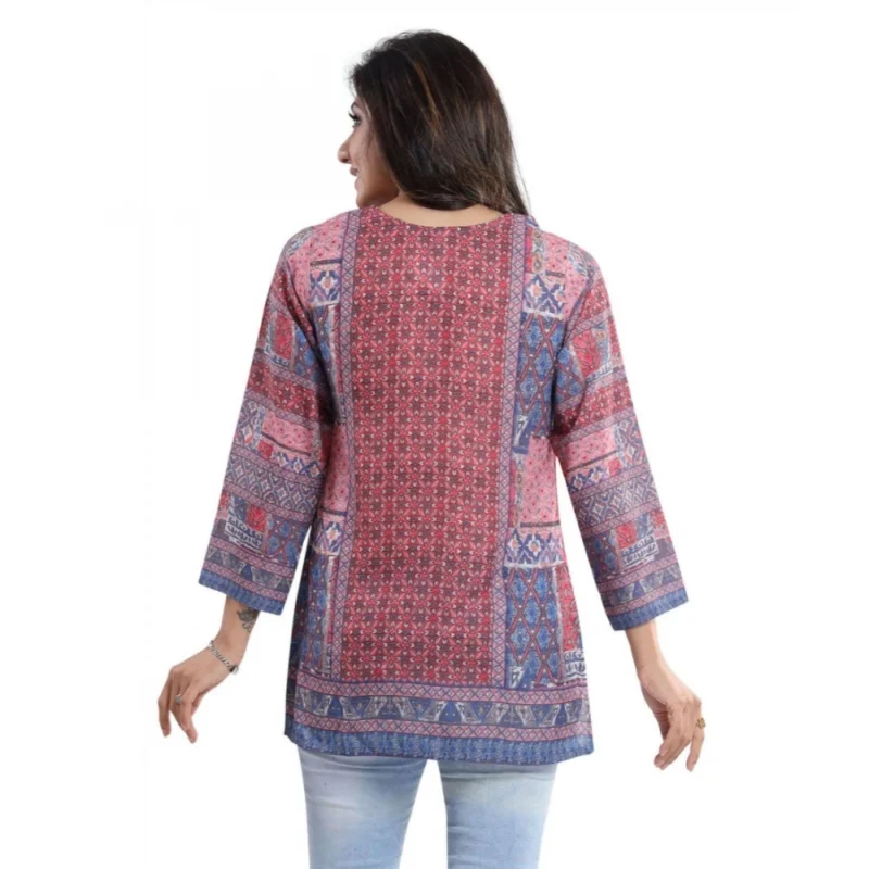 Generic Women's Quarter Sleeve Faux Crepe Printed Short Kurti Tunic Top (Color:Multicolor) - Image 2