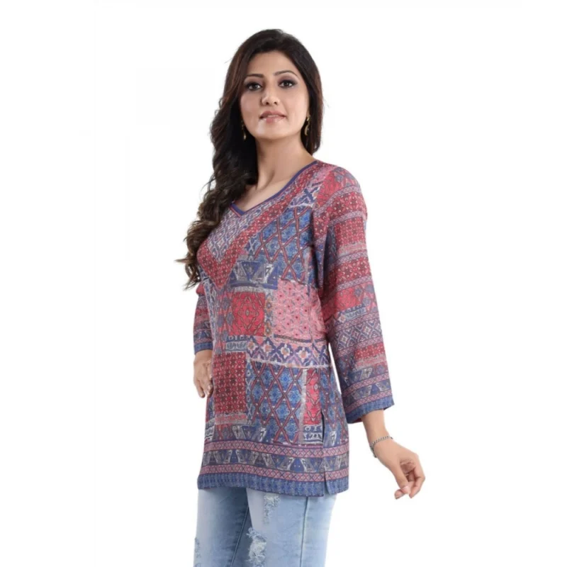 Generic Women's Quarter Sleeve Faux Crepe Printed Short Kurti Tunic Top (Color:Multicolor) - Image 4