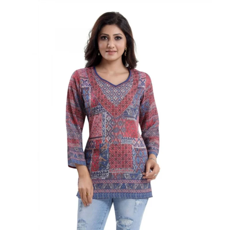 Generic Women's Quarter Sleeve Faux Crepe Printed Short Kurti Tunic Top (Color:Multicolor) - Image 6
