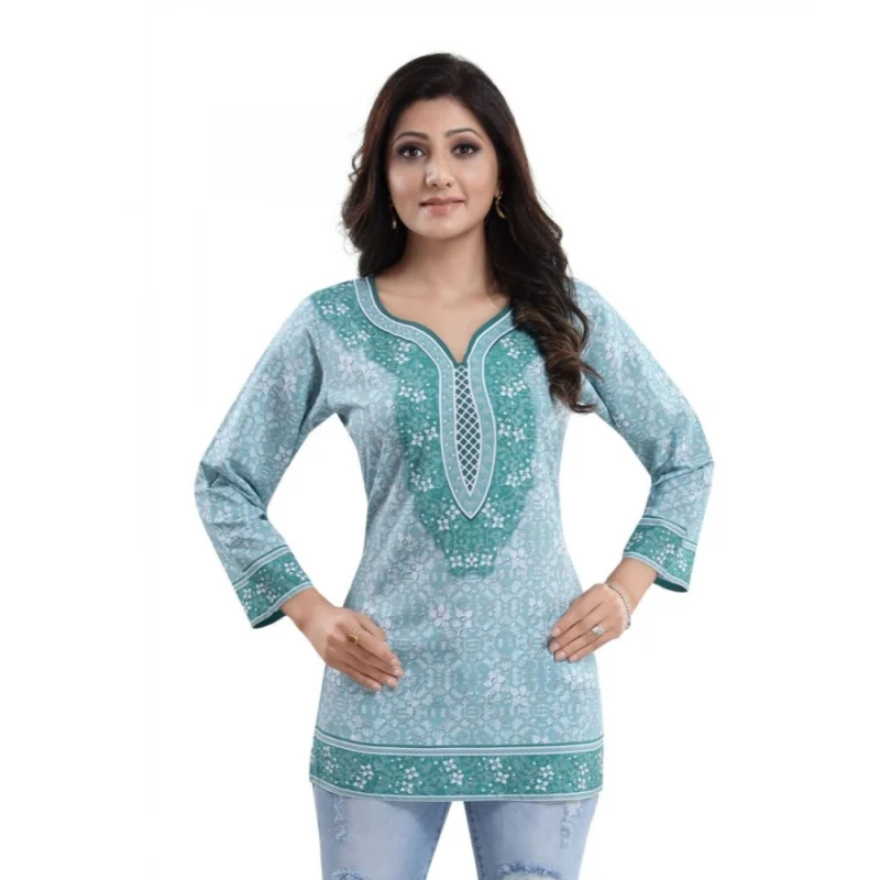 Generic Women's Quarter Sleeve Faux Crepe Printed Short Kurti Tunic Top (Color:Blue) - Image 3