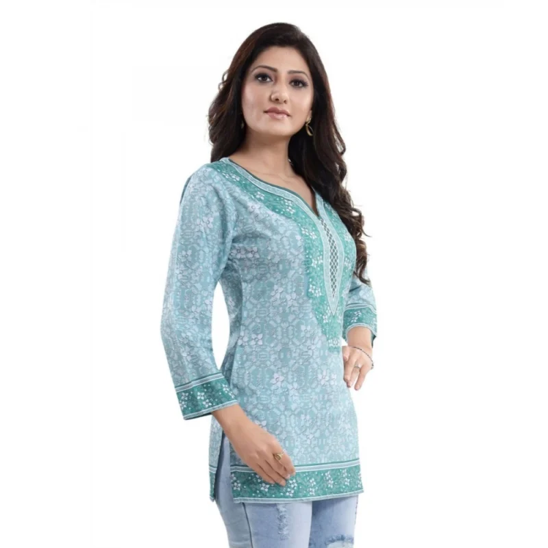 Generic Women's Quarter Sleeve Faux Crepe Printed Short Kurti Tunic Top (Color:Blue) - Image 5