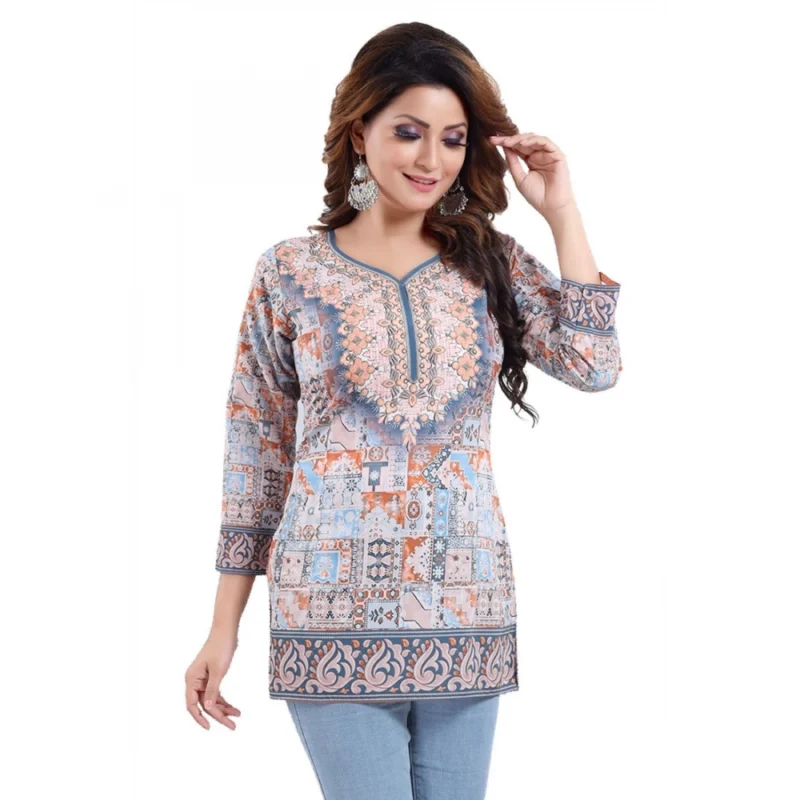 Generic Women's Quarter Sleeve Faux Crepe Printed Short Kurti Tunic Top (Color:Blue) - Image 5