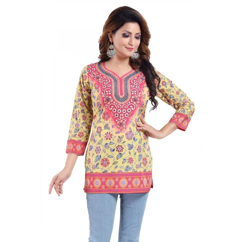 Generic Women's Quarter Sleeve Faux Crepe Printed Short Kurti Tunic Top (Color:Yellow) - Image 2