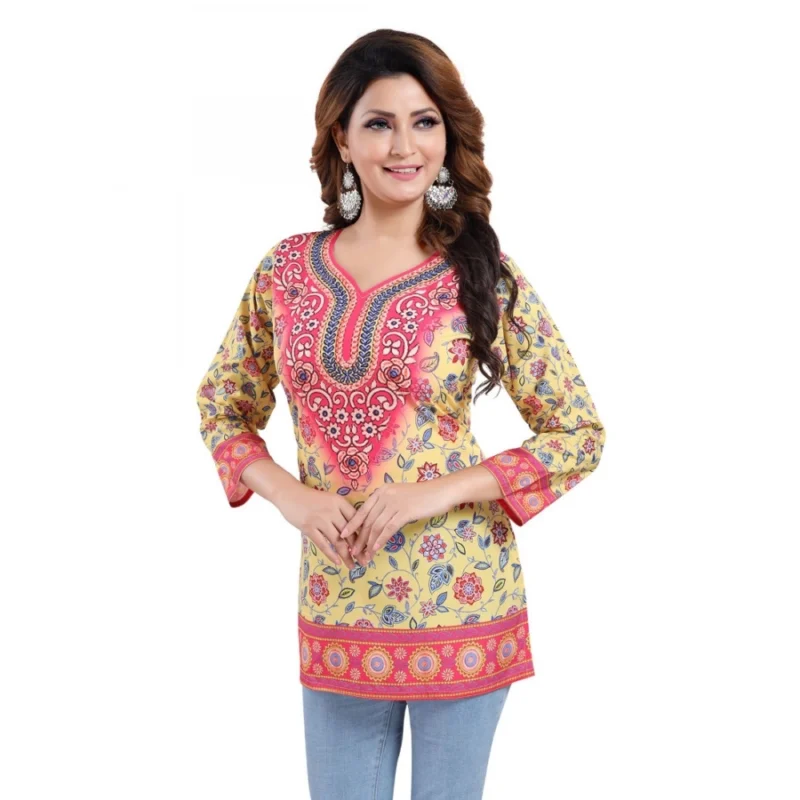 Generic Women's Quarter Sleeve Faux Crepe Printed Short Kurti Tunic Top (Color:Yellow) - Image 3
