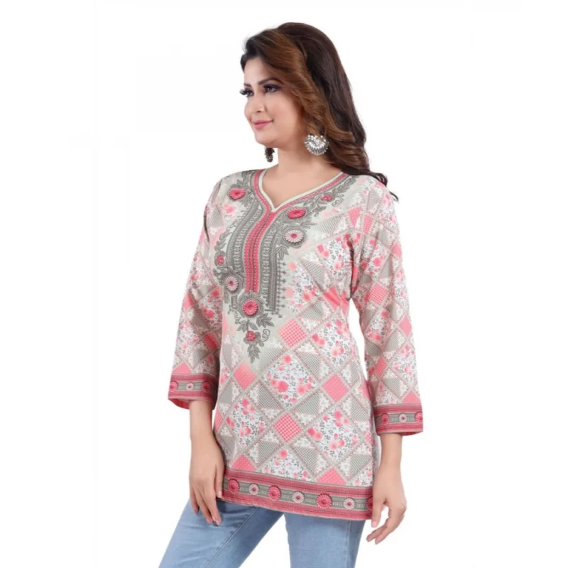 Generic Women's Quarter Sleeve Faux Crepe Printed Short Kurti Tunic Top (Color:Pink) - Image 3