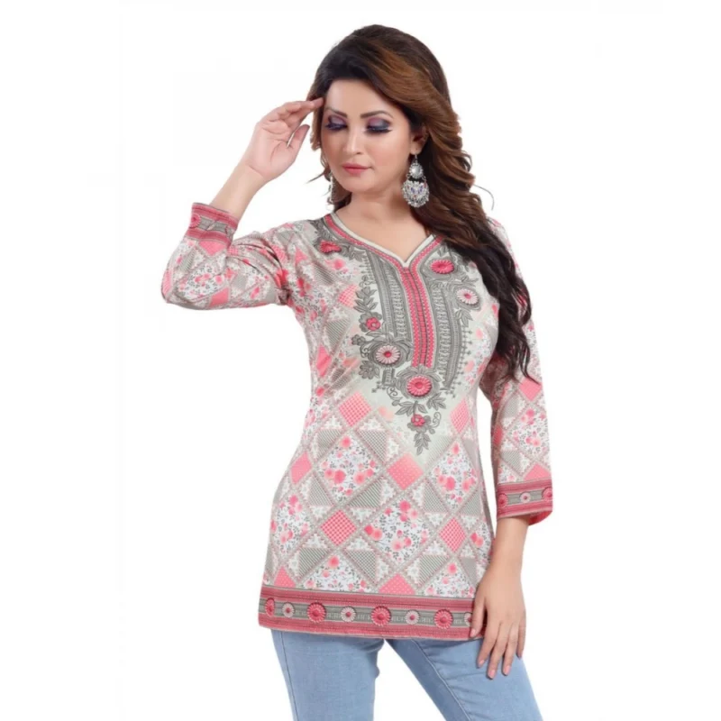 Generic Women's Quarter Sleeve Faux Crepe Printed Short Kurti Tunic Top (Color:Pink) - Image 5