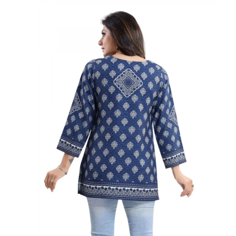 Generic Women's Quarter Sleeve Faux Crepe Printed Short Kurti Tunic Top (Color:Blue) - Image 2