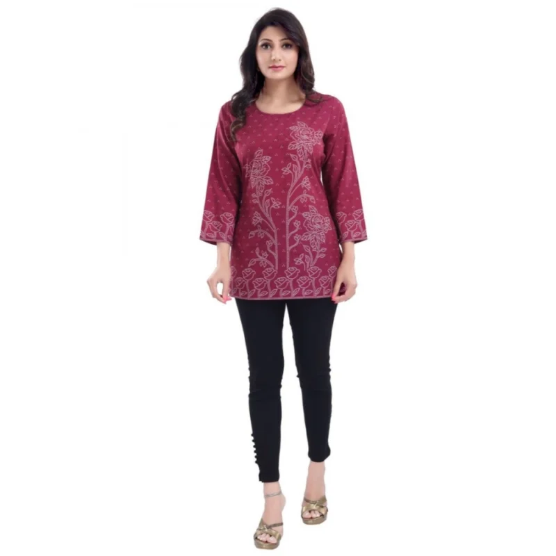Generic Women's Quarter Sleeve Faux Crepe Printed Short Kurti Tunic Top (Color:Magenta) - Image 3