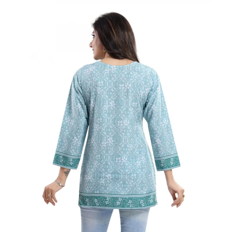 Generic Women's Quarter Sleeve Faux Crepe Printed Short Kurti Tunic Top (Color:Blue) - Image 2