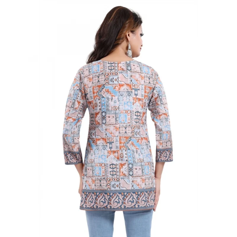 Generic Women's Quarter Sleeve Faux Crepe Printed Short Kurti Tunic Top (Color:Blue) - Image 2