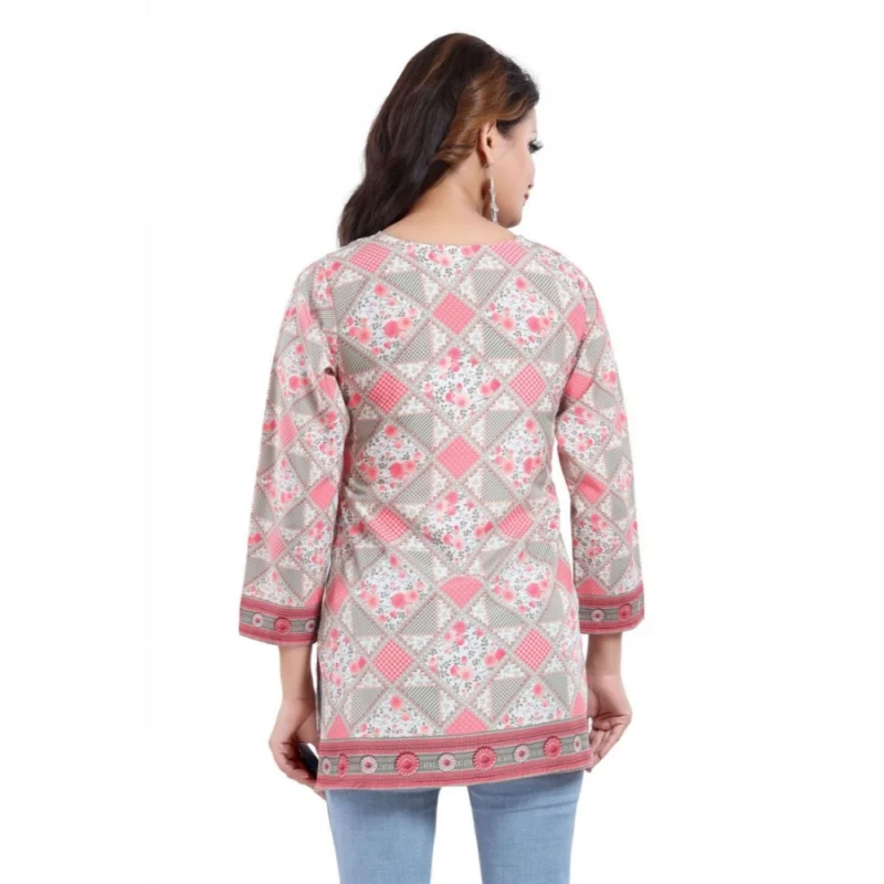 Generic Women's Quarter Sleeve Faux Crepe Printed Short Kurti Tunic Top (Color:Pink) - Image 2