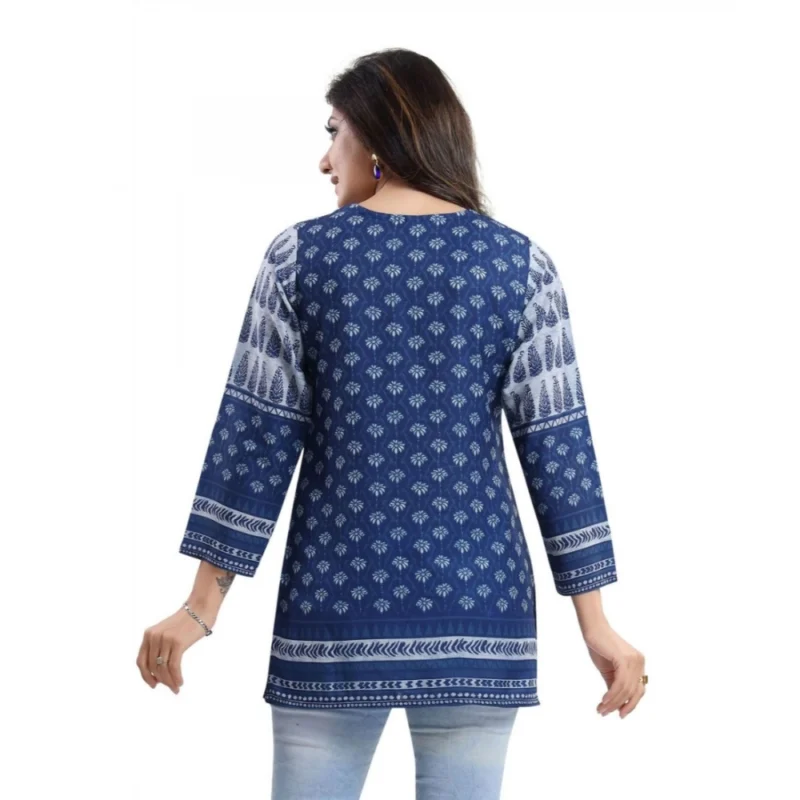 Generic Women's Quarter Sleeve Faux Crepe Printed Short Kurti Tunic Top (Color:Blue) - Image 2