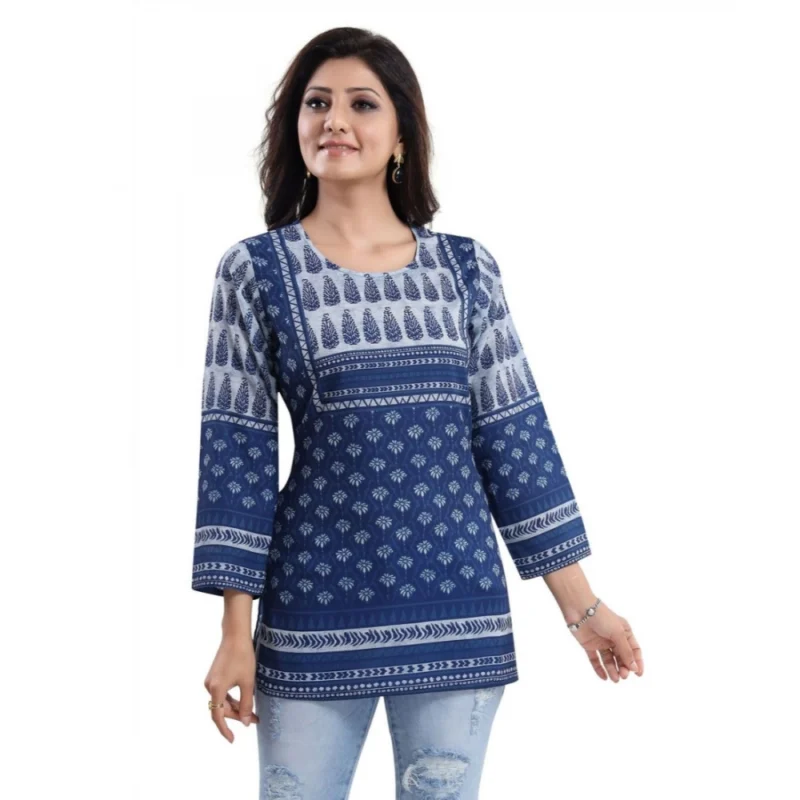 Generic Women's Quarter Sleeve Faux Crepe Printed Short Kurti Tunic Top (Color:Blue) - Image 4