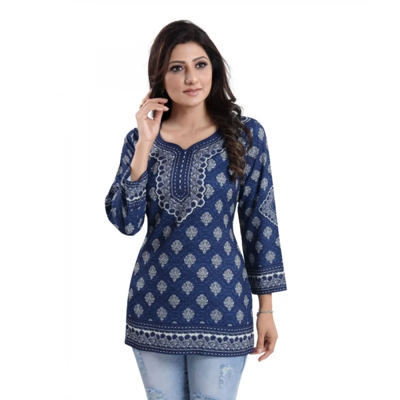 Generic Women's Quarter Sleeve Faux Crepe Printed Short Kurti Tunic Top (Color:Blue) - Image 4