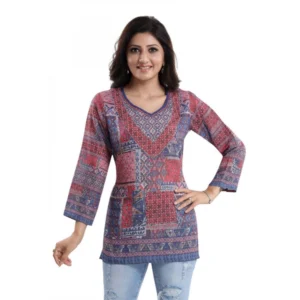 Generic Women's Quarter Sleeve Faux Crepe Printed Short Kurti Tunic Top (Color:Multicolor)