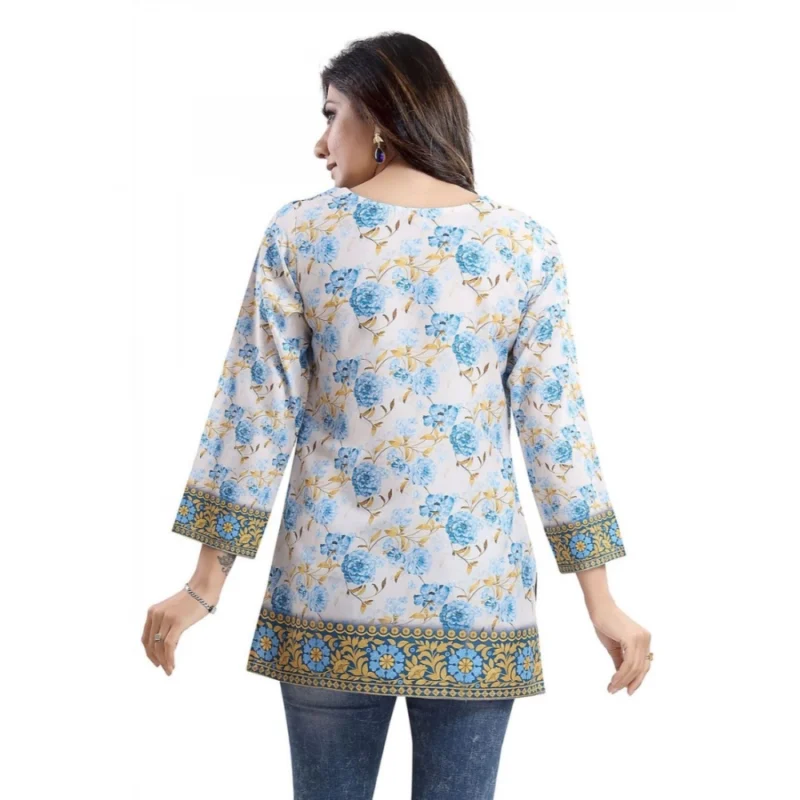 Generic Women's Quarter Sleeve Faux Crepe Printed Short Kurti Tunic Top (Color:White) - Image 2