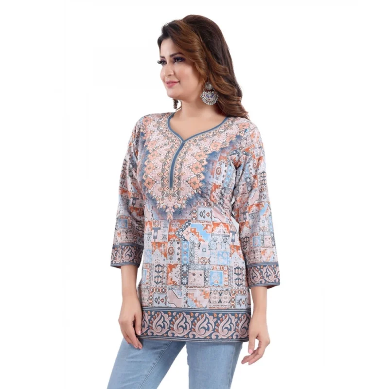 Generic Women's Quarter Sleeve Faux Crepe Printed Short Kurti Tunic Top (Color:Blue) - Image 3