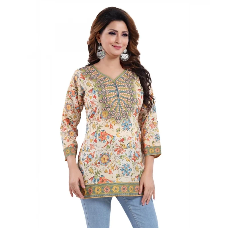 Generic Women's Quarter Sleeve Faux Crepe Printed Short Kurti Tunic Top (Color:Multicolor) - Image 3