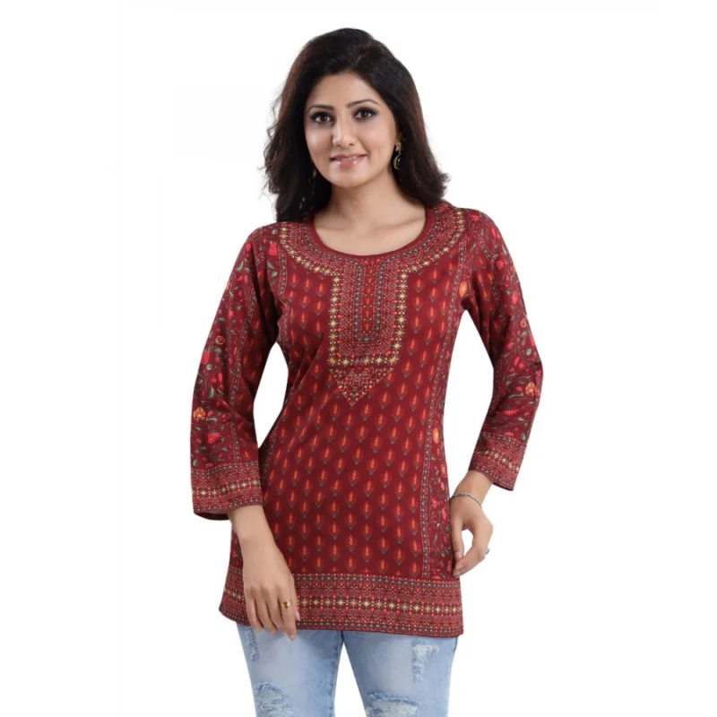 Generic Women's Quarter Sleeve Faux Crepe Printed Short Kurti Tunic Top (Color:Red) - Image 3