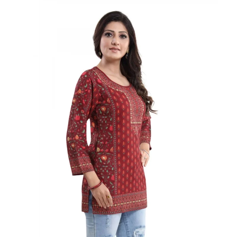 Generic Women's Quarter Sleeve Faux Crepe Printed Short Kurti Tunic Top (Color:Red) - Image 5