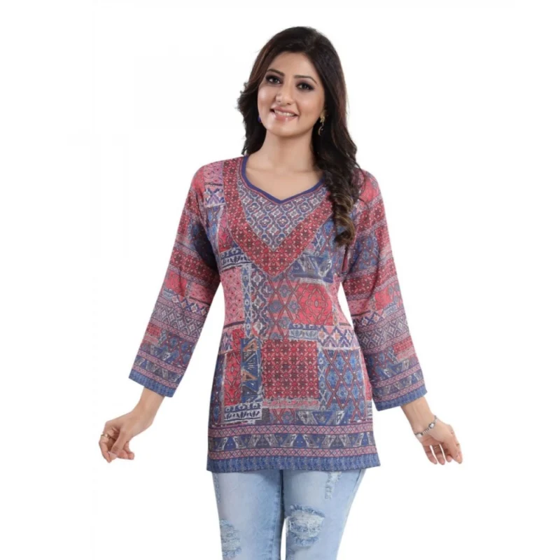 Generic Women's Quarter Sleeve Faux Crepe Printed Short Kurti Tunic Top (Color:Multicolor) - Image 3