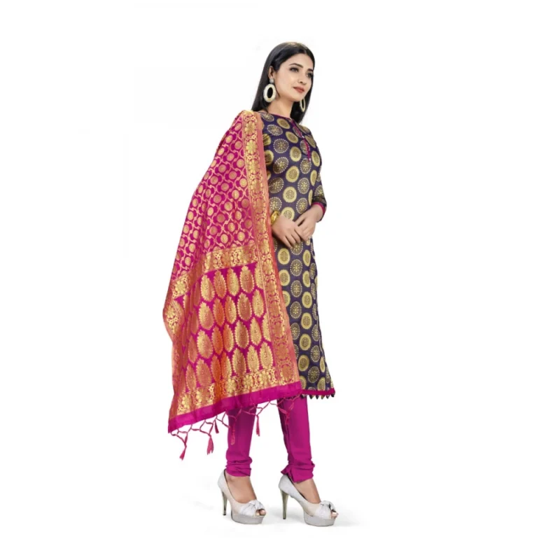 Generic Banarasi Silk Unstitched Salwar-Suit Material Premium Quality With Dupatta (Color: Navy Blue) - Image 4
