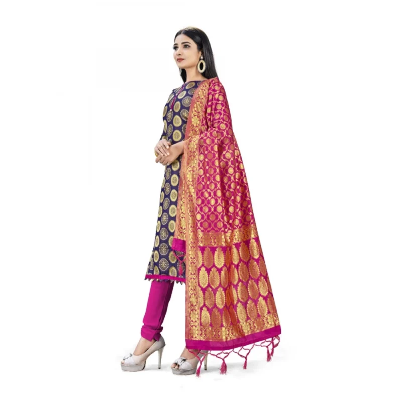 Generic Banarasi Silk Unstitched Salwar-Suit Material Premium Quality With Dupatta (Color: Navy Blue) - Image 5
