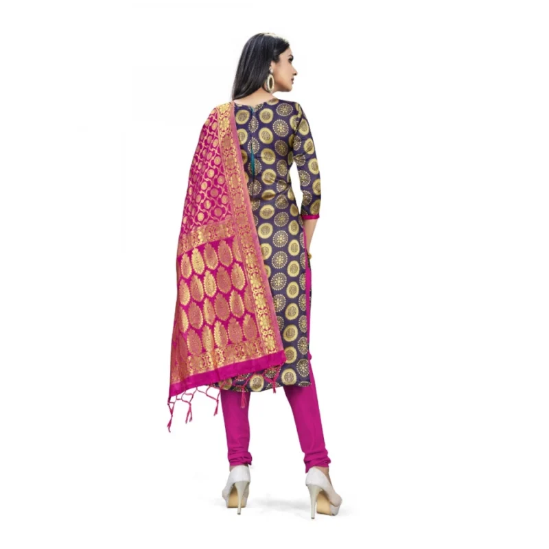Generic Banarasi Silk Unstitched Salwar-Suit Material Premium Quality With Dupatta (Color: Navy Blue) - Image 3