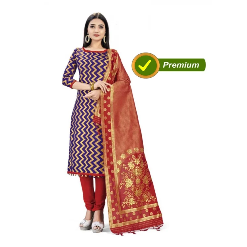 Generic Banarasi Silk Unstitched Salwar-Suit Material Premium Quality With Dupatta (Color: Navy Blue) - Image 5