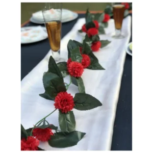 Generic Artificial Red Marigold Genda Flower Vine Creeper With Big Green Leaves For Home Decoration (Color: Red, Material: Silk Polyester)
