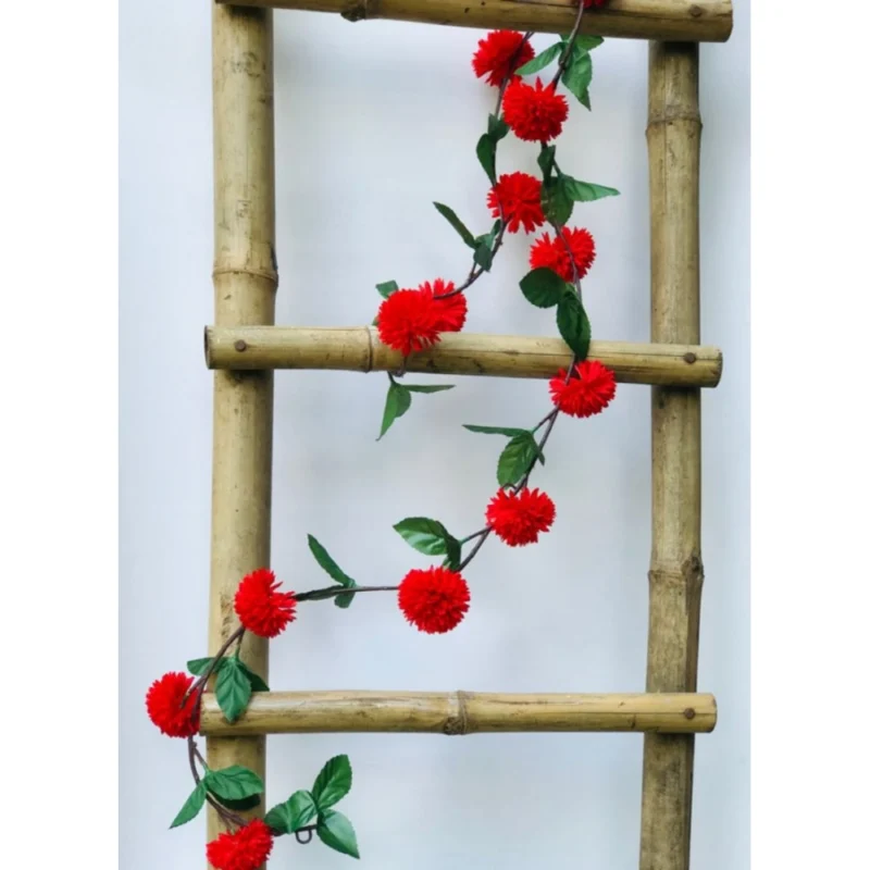Generic Artificial Red Chrysanthemum Dahlia Flower Vine Creeper With Big Green Leaves For Home Decoraton (Color: Red, Material: Silk Polyester) - Image 3