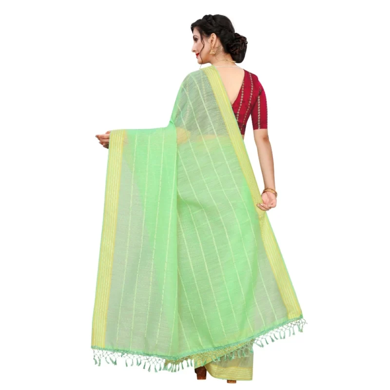 Generic Women's Cotton Saree With Blouse (Parrot Green, 5-6Mtrs) - Image 2
