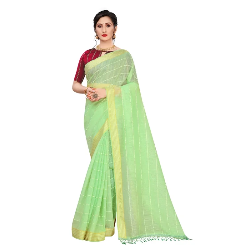Generic Women's Cotton Saree With Blouse (Parrot Green, 5-6Mtrs) - Image 4