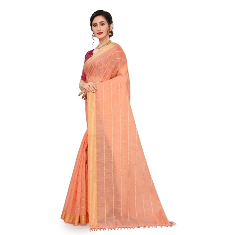 Generic Women's Cotton Saree With Blouse (Orange, 5-6Mtrs) - Image 3