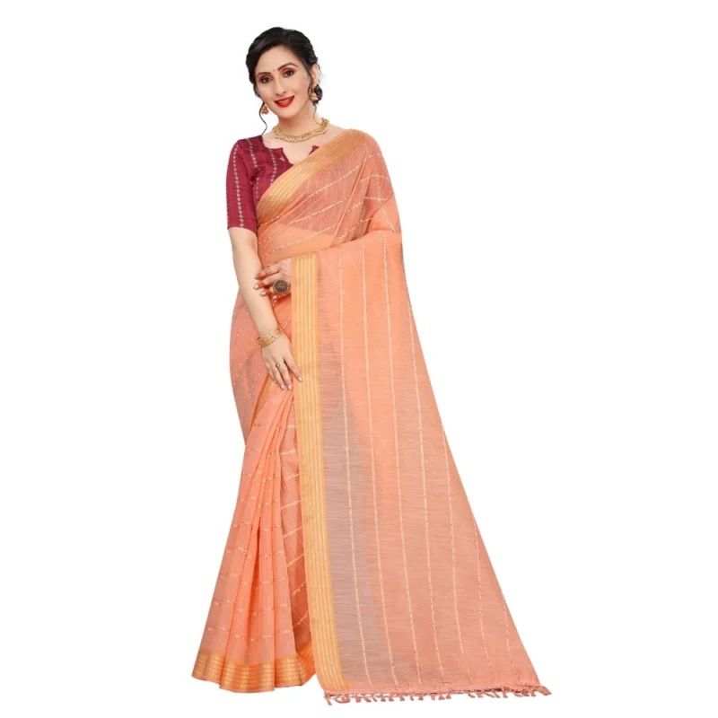 Generic Women's Cotton Saree With Blouse (Orange, 5-6Mtrs) - Image 4