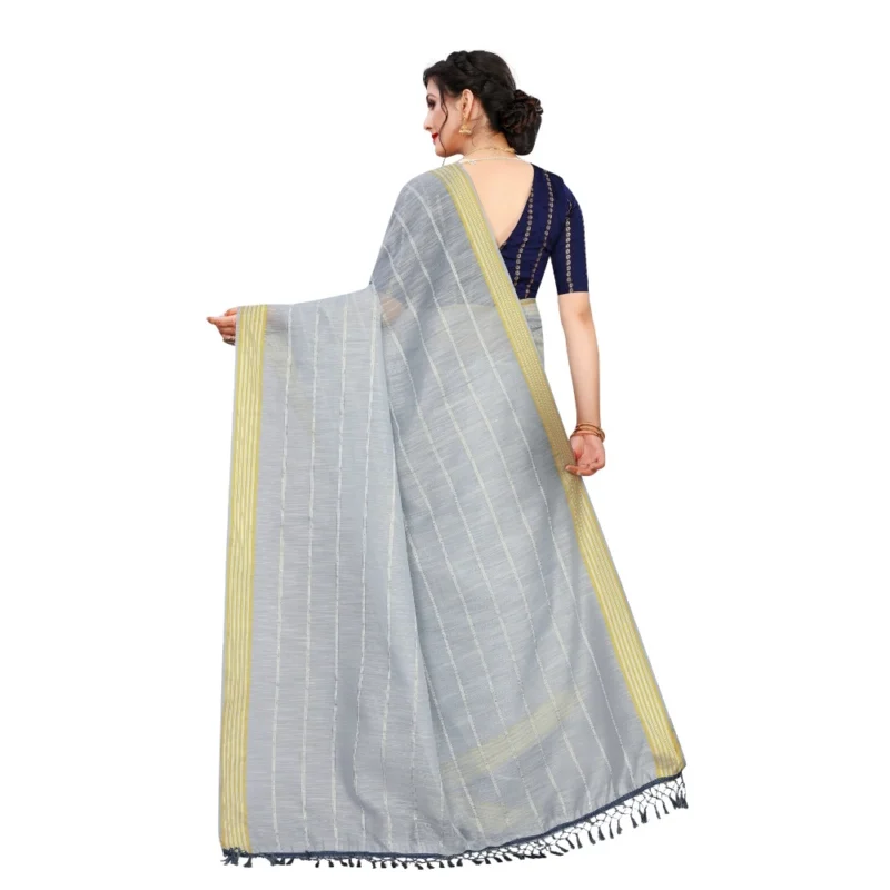 Generic Women's Cotton Saree With Blouse (Grey, 5-6Mtrs) - Image 2