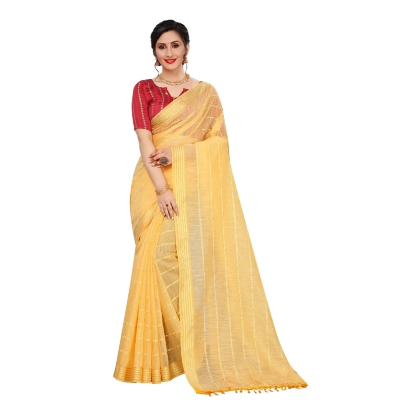 Generic Women's Cotton Saree With Blouse (Yellow, 5-6Mtrs) - Image 4