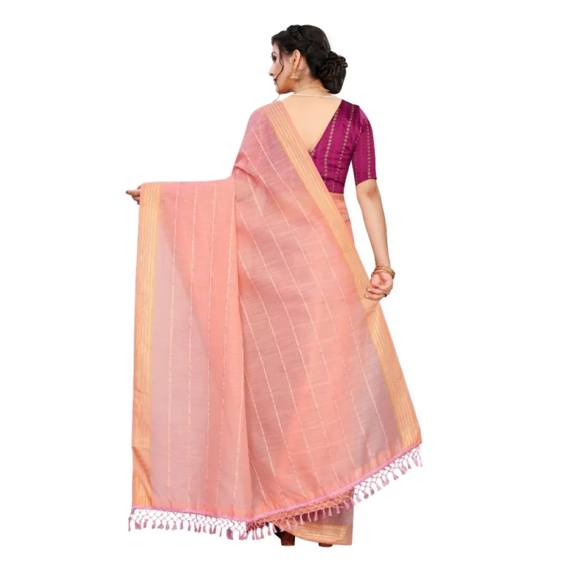Generic Women's Cotton Saree With Blouse (Pink, 5-6Mtrs) - Image 2