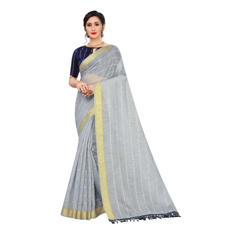 Generic Women's Cotton Saree With Blouse (Grey, 5-6Mtrs) - Image 4