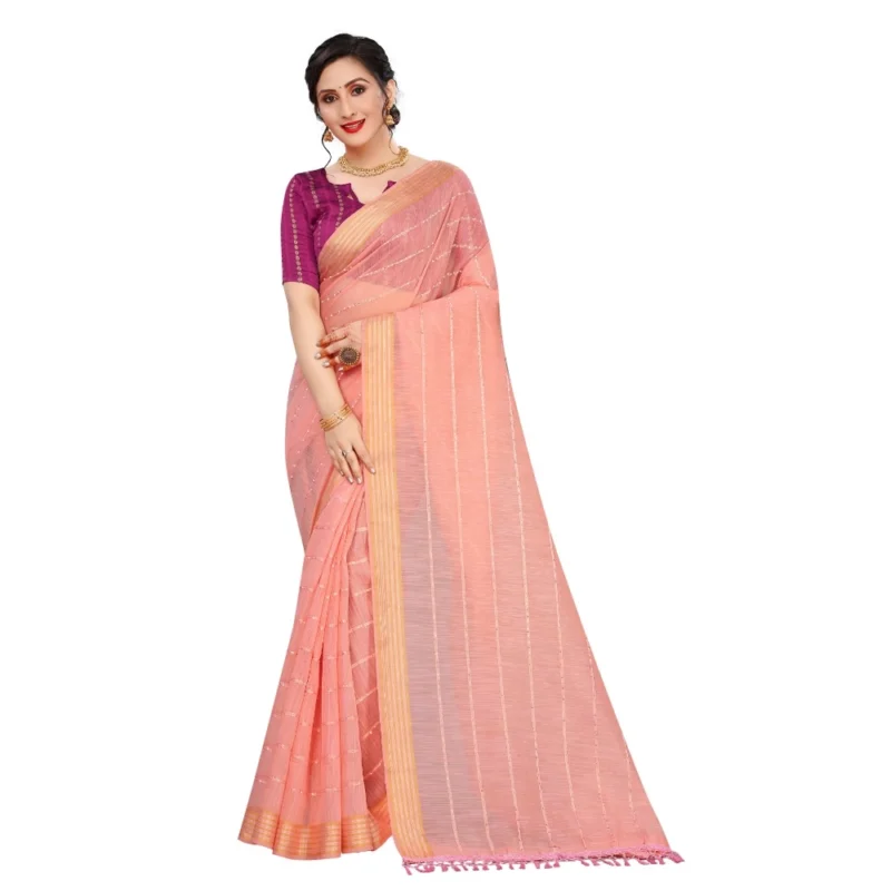 Generic Women's Cotton Saree With Blouse (Pink, 5-6Mtrs) - Image 4