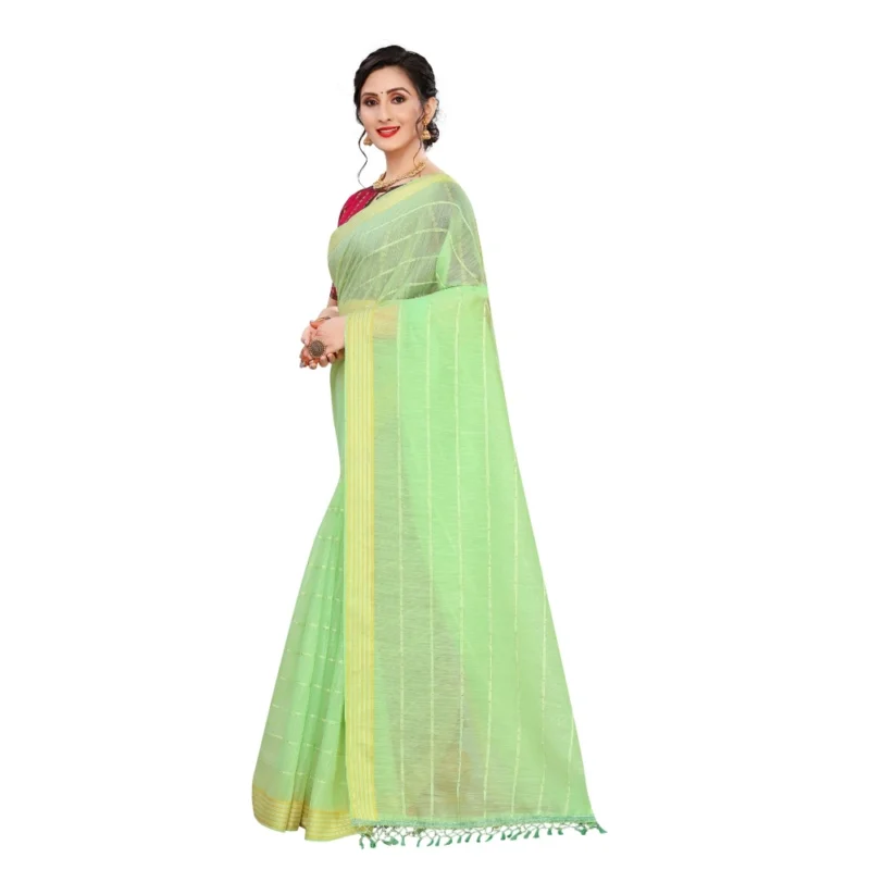Generic Women's Cotton Saree With Blouse (Parrot Green, 5-6Mtrs) - Image 3