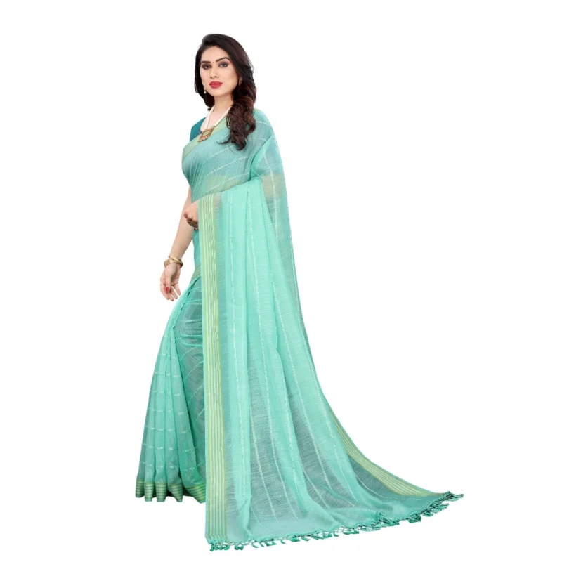 Generic Women's Cotton Saree With Blouse (Rama, 5-6Mtrs) - Image 3