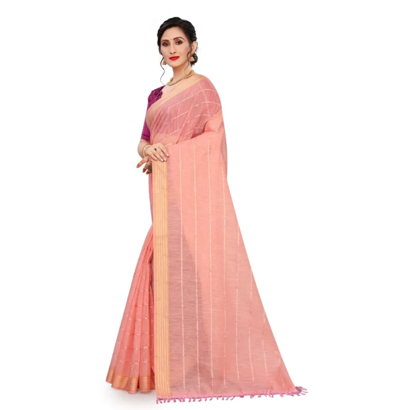 Generic Women's Cotton Saree With Blouse (Pink, 5-6Mtrs) - Image 3